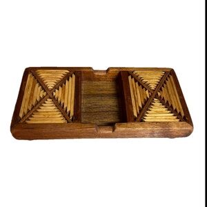 Vintage Tramp Art Folk Art Wooden Cards Tray Trivet  Desk Organizer 9.5”x5”